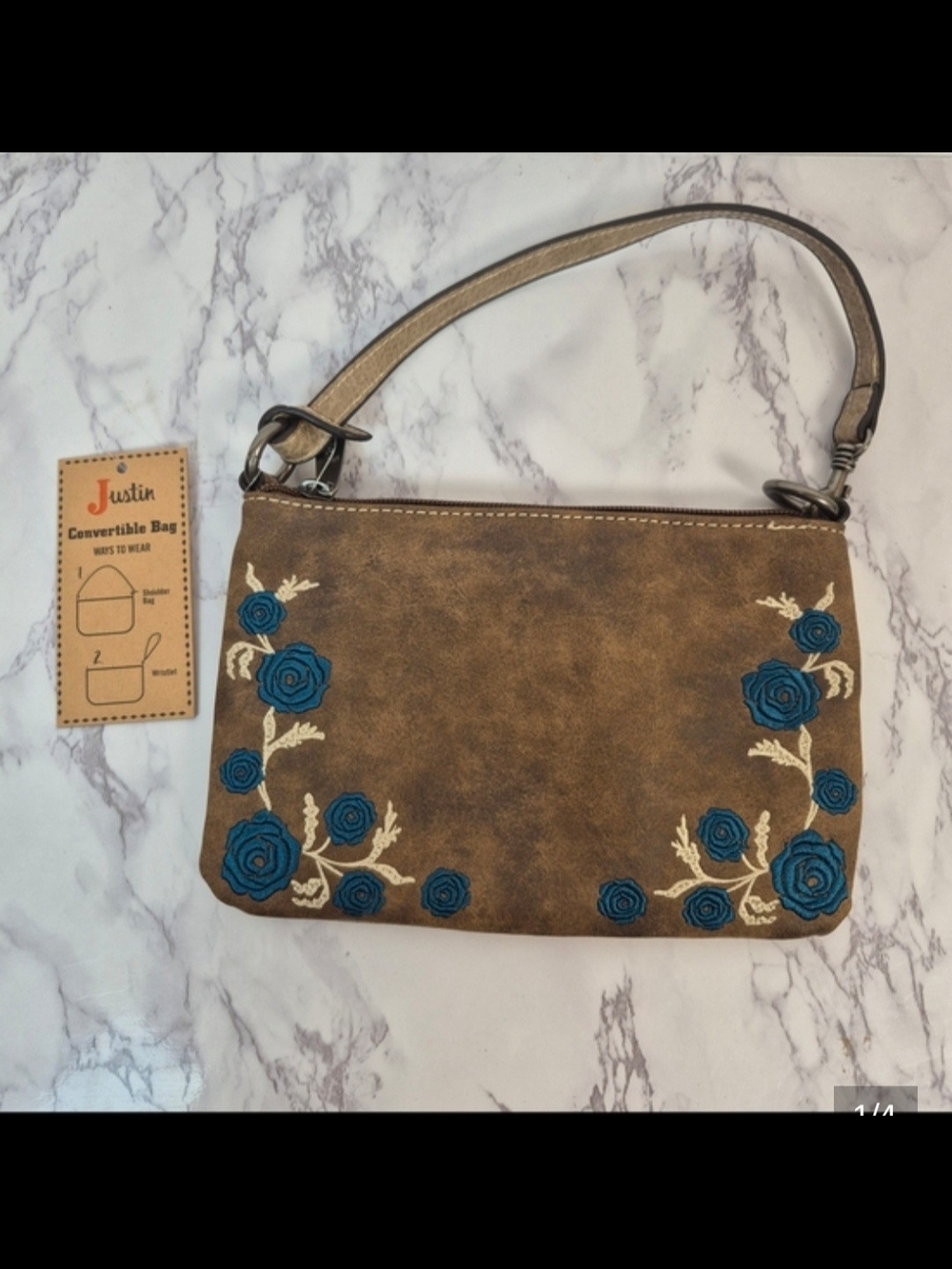 Justin Boots Brown Converitble Bag with Teal And Cream Floral Embroidery.